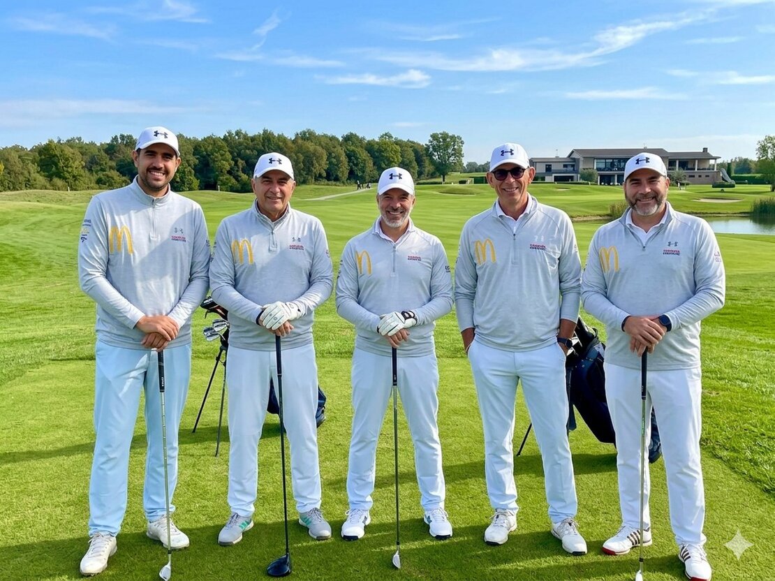 Maestro di golf che segue un gruppo di allievi in campo